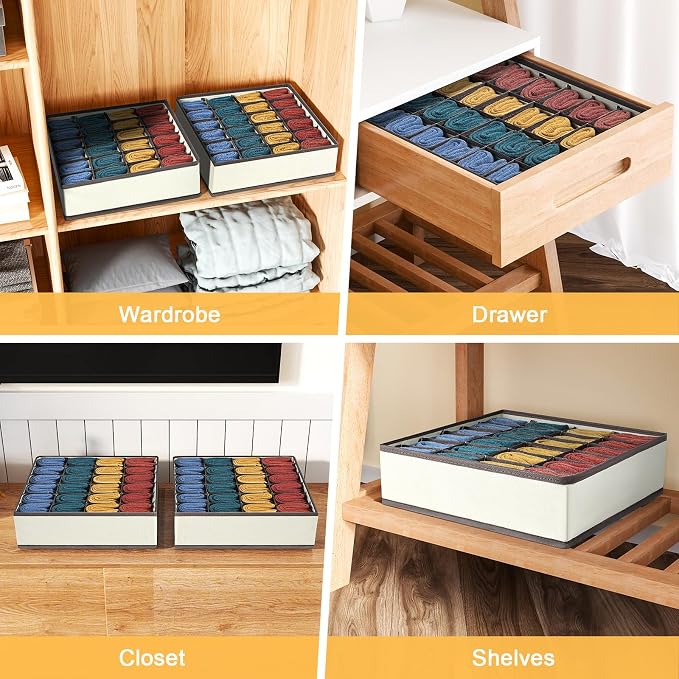 Joyoldelf Sock Drawer Organizer Divider Underwear Organizer 24-cell Fabric Dresser Drawer Organizers Storage Boxes for Socks Lingerie, Handkerchiefs, Ties 4 Pack (Beige) - Image 7