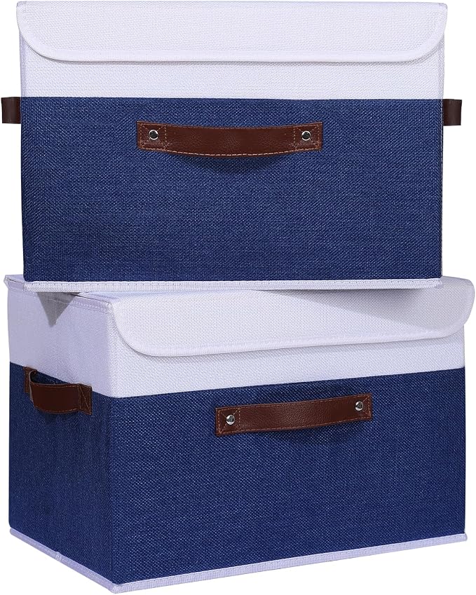 ANMINY 4PCS Storage Boxes with Lid Washable Decorative Storage Bin Basket with PU Leather Handle Foldable Linen Fabric Storage Cube Container for Home Closet Organizer - Deep Blue White, Large Size - Image 2