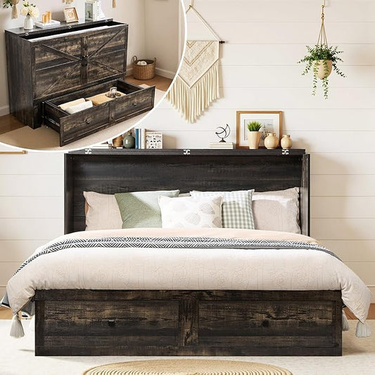 LUXOAK Queen Murphy Bed with Storage and Charging Station, Farmhouse Cabinet Bed, Noise-Free, for Guest Room, Apartment, or Office, Black Oak