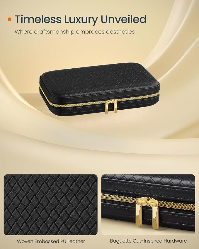 SONGMICS HOME Travel Jewelry Case, Jewelry Organizer Box with Mirror, Jewelry Pouch, Woven Embossed PU Leather, Hard Shell, Large Capacity, Gift Idea, Ink Black UJBC204B01 - Image 3