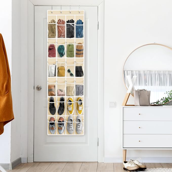 Simple Houseware 24 Pockets - Crystal Clear Over The Door Hanging Shoe Organizer, Beige (64'' x 19'') - Image 8