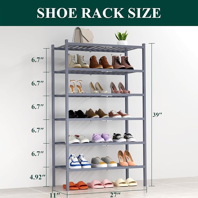Smiry Shoe Rack, 6 Tier Thick Bamboo Shoe Organizer, Stackable Free Standing Wooden Shoe Storage Shelf for Closet, Entryway, Front Door Entrance, Grey - Image 2