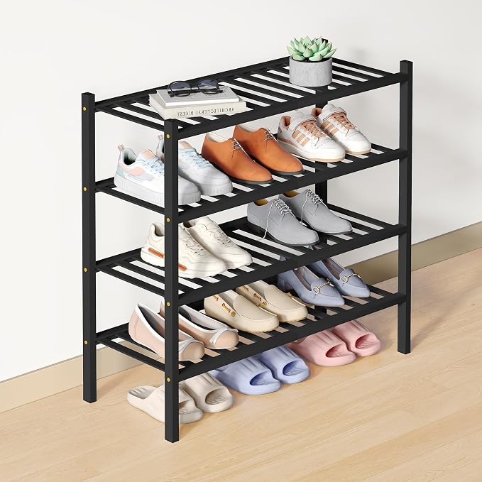 Smiry Bamboo Shoe Rack for Closet, 4 Tier Wooden Stackable Shoe Organizer, Free Standing Shoes Storage Shelf for Entryway, Front Door Entrance, Black by Smiry