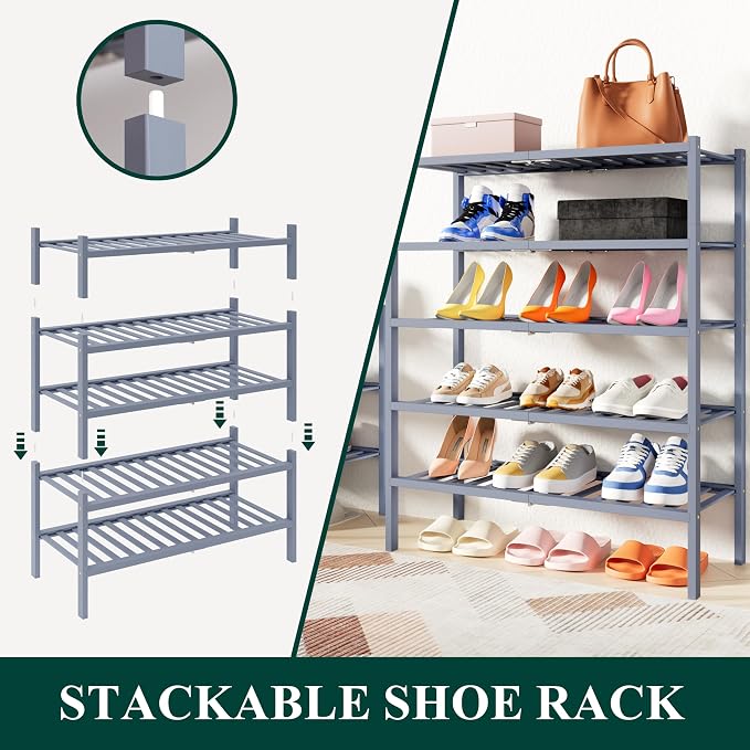 Smiry Shoe Rack, 3 Tier Thick Bamboo Shoe Organizer, Stackable Free Standing Wooden Shoe Storage Shelf for Closet, Entryway, Front Door Entrance, Grey - Image 4