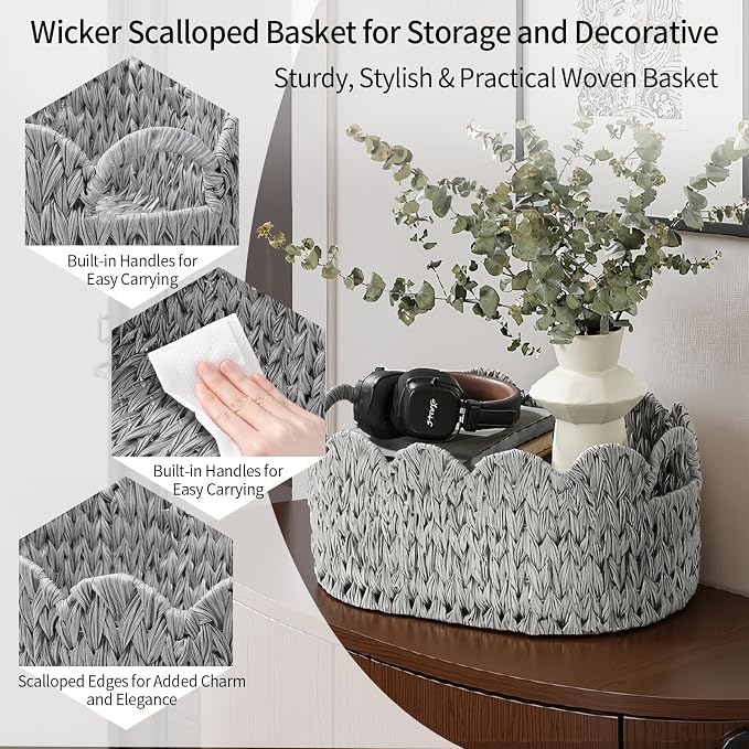 Coeusy Wicker Scalloped Basket Set of 2,Woven Storage Baskets for Shelves,Closet,Laundry,Gift,Towels,Books,Toys,Waterproof Cute Decor Basket for Organizing,Grey - Image 6