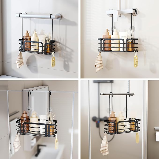 SWTYMIKI Shower Caddy Hanging Organizer - Over the Door Shower Caddy with 6 Hooks, 2 Installation Ways, Stainless Steel Rustproof Bathroom Organizer, Black - Image 2