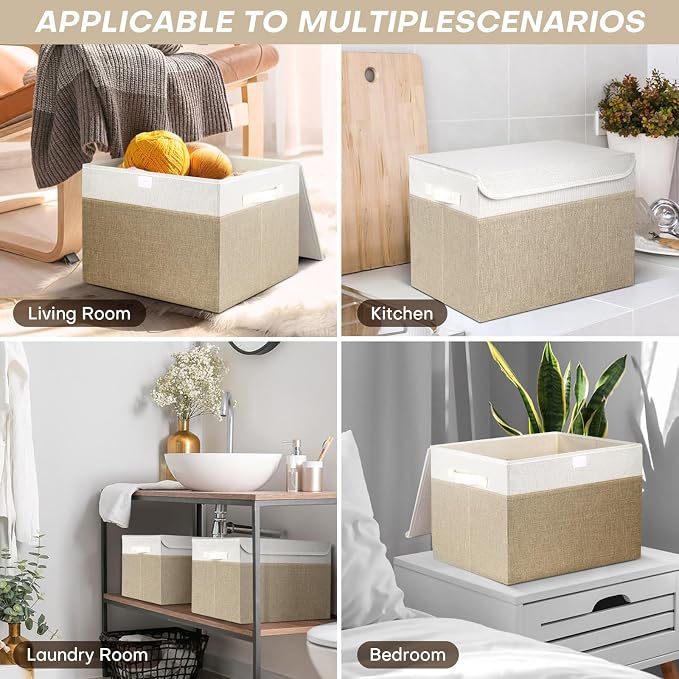 Bagnizer Large 17" 42 Quarts Collapsible Stackable Storage Bins with Lids [3-Pack] Foldable Fabric Linen Storage Boxes Cube, Closet Organizer Baskets with Label (16.7 x 12 x 12, Beige & White) - Image 8