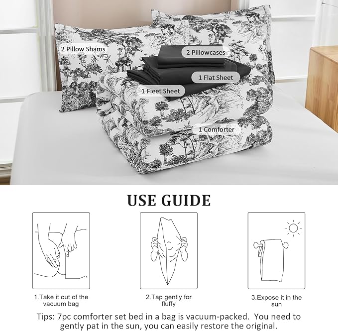 DJY Black Comforter Set Queen, 7 Pieces Black and White Botanical Comforters Queen Size Elegant Plants Print with Sheets Bed in a Bag Soft Microfiber Reversible Complete Bedding Sets for All Season