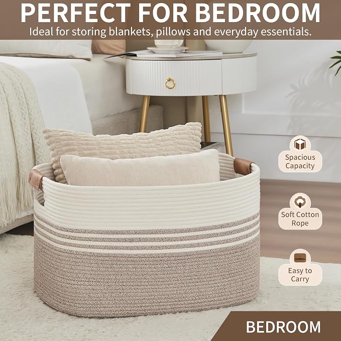 Large Woven Laundry Basket Hamper, 72L Cotton Rope Storage Bin for Blankets, Toys, Clothes, Decorative Nursery Hamper for Living Room, Baby Nursery, Bathroom, Bedroom, Kids Storage, Light Brown - Image 6