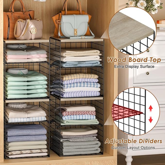 4-Tier Stackable Closet Organizers and Storage, Adjustable Dividers & Wood Top Storage Shelves for Clothes, Wardrobe & Closet Storage Basket Bins/Cube, Space-Saving Closet Organizer System, Black - Image 5