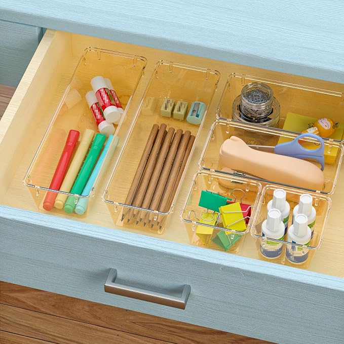 WOWBOX 6 Pack Clear Drawer Organizer Set, Acrylic Drawer Storage Trays, Storage Bins for Makeup, Cosmetics, Jewelries, Utensils, Gadgets, Office, Champagne - Image 5