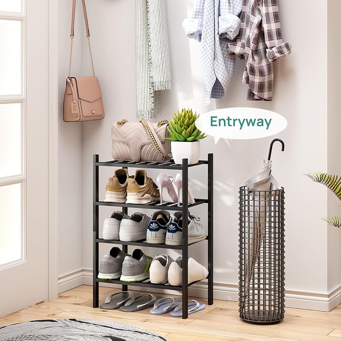 viewcare Black Small Shoe Rack for Entryway, 4-Tier Bamboo Shoe Organizer for Hallway Closet, Free Standing Shoe Racks for Indoor Outdoor - Image 3