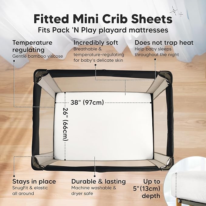 Pack and Play Sheets Fitted - 2-Pack Mini Crib Sheets for Pack N Play Mattress 38x26, Soft & Cozy, Neutral Toddler Playard Bedding, Snug Fitted Mini Baby Crib Mattress Cover Boy, Girl (Soft White)
