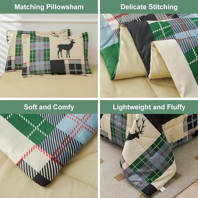 Comforter Set Queen Size Plaid Patchwork Comforter Bedding-7 Piece Bed in a Bag,Rustic Soft Reversible Microfiber Bedding Set(1 Comforter,1 Flat Sheet,1 Fitted Sheet,2 Pillowcases,2 Pillow Shams)Green