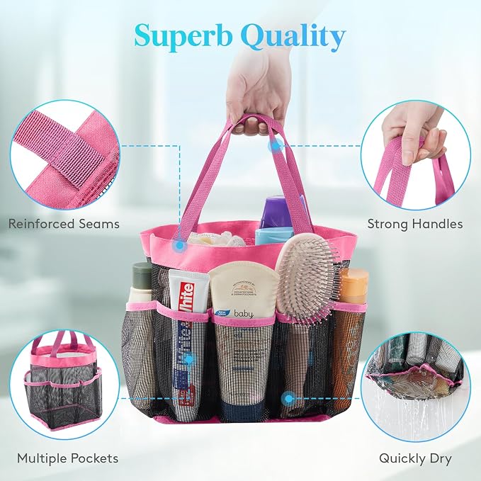 Lifewit Mesh Shower Caddy Portable for College Dorm Room Essentials with 7 Pockets, Freestanding Hanging Organizer Basket, Quick Dry Tote Bag for Camping, Bathroom, Beach, Travel, 1 Pack, Pink - Image 5