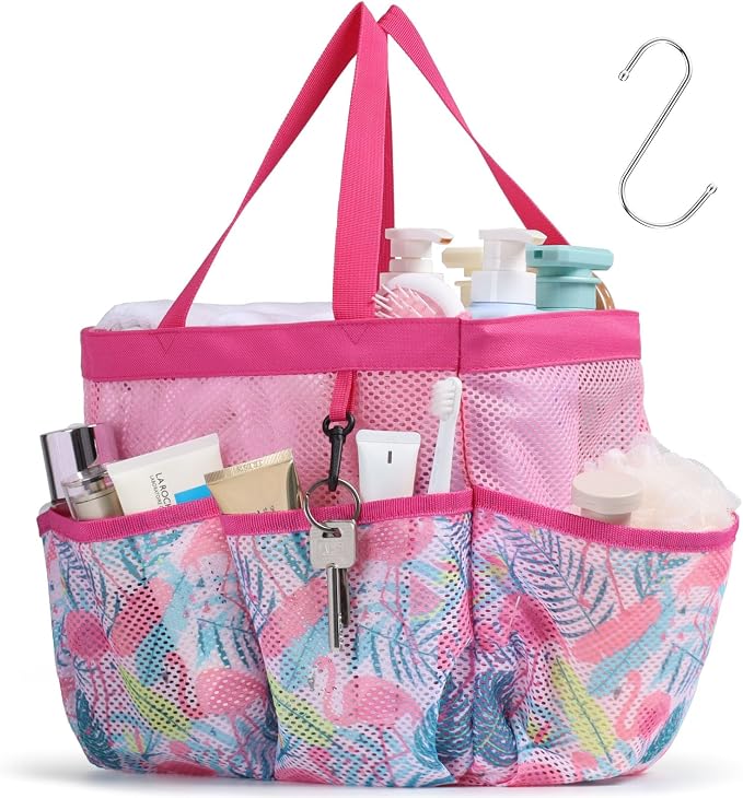 F-color Shower Caddy Portable - Mesh Shower Bag Basket Tote for College Dorm Room Essentials Bathroom Gym Camp Quick Dry for Women Men with S Hook, Pink Flamingo by F-color