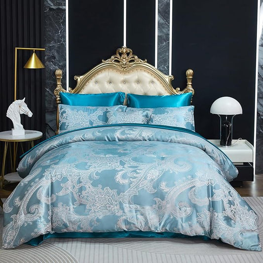Green Comforter King Jacquard Bedding with Peacock Green Satin Sheet Set 8 Pcs Royal Embroidery Neoclassical Floral Home Decor Soft Luxury Hotel Bed in a Bag with 1 Cushion Cover