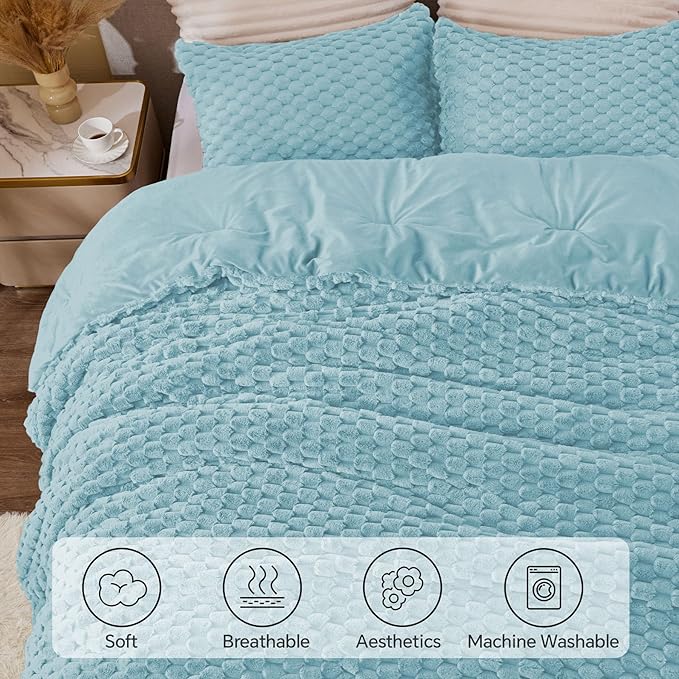 BEDELITE Fluffy Queen Comforter Set - Dusty Blue Fleece Soft Comforter for Queen Size Bed, Luxury Warm Bedding Set for Winter, Fuzzy Bed Set 3 Pieces (1 Comforter, 2 Pillowcases)