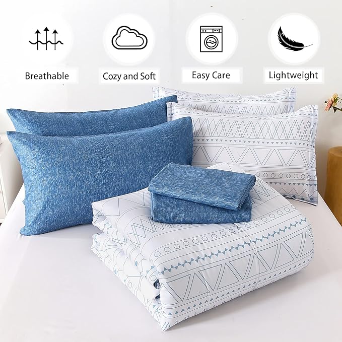 WONGS BEDDING Blue Boho Bed in a Bag Queen,7 Pieces Navy Comforter Set Queen Geometric Comforter Reversible Soft Microfiber Bedding Set with Comforter,Pillowcases,Flat Sheet,Fitted Sheet,Pillow Shams