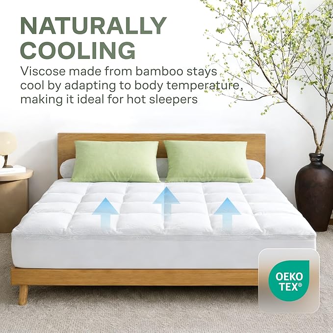 Queen Size Mattress Topper - Plush & Soft Viscose Derived from Bamboo Mattress Pad, Naturally Cooling & Perfect for Back Pain Relief, Snow White
