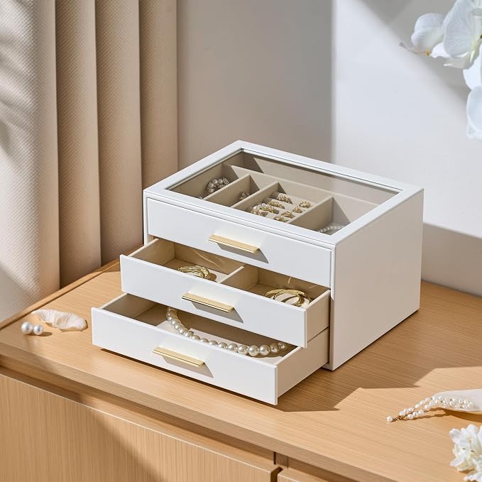 pickpiff Jewelry Box Organizer Case for Women: 3-Layer Jewelry Storage Case with Glass Window, Pure White Leather with Velvet Holder for Ring Necklace Bracelet Brooch Watch, Great Gift for Her - Image 6