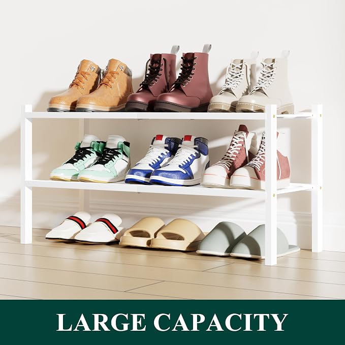 Smiry Shoe Rack, 2 Tier Bamboo Shoe Organizer, Stackable Free Standing Wooden Shoe Storage Shelf for Closet, Entryway, Front Door Entrance, White - Image 5