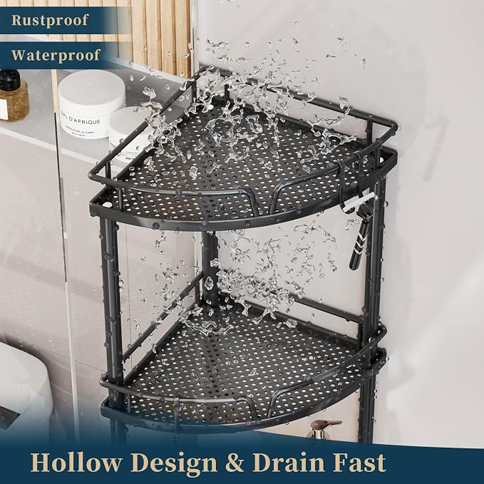 Consumest Corner Shower Caddy Stand - 4 Tier Shower Organizer with Soap Holder, Tall Floor Corner Shelf Standing with Adjustable Feet & 4 Hooks, Storage Rack for Bathroom Black - Image 6
