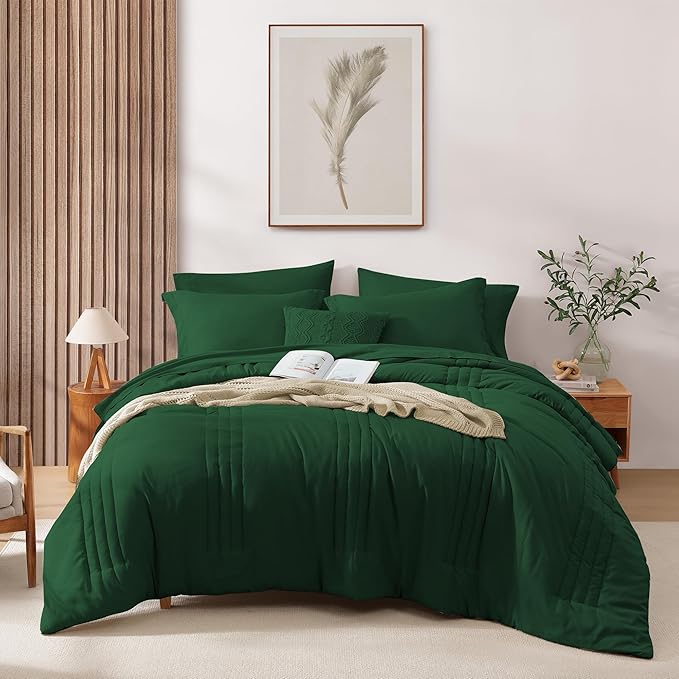 Monbix Queen Comforter Set - 7 Pieces Emerald Green Bed in a Bag Queen Bedding Sets with Comforters, All Seasons Comforter Bed Set with Sheets, Pillowcases & Shams
