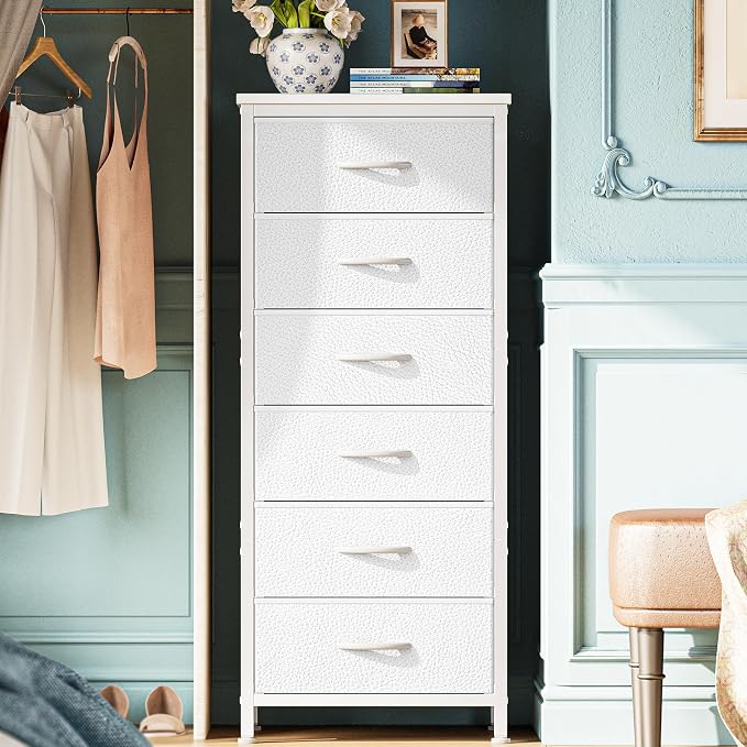Huuger 43.3 Inch Tall Dresser for Bedroom, 6 Drawer Dresser & Chests of Drawers, Fabric Dresser for Closet, Bedroom, Night Stand, End Table with Metal Frame, Storage Tower with Fabric Bins, White by Huuger