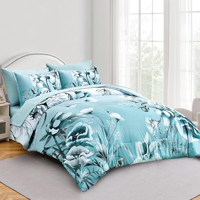 Luxudecor Floral Comforter Set Twin Size 7 Piece, Aqua Flower Bed in a Bag, Elegant Gradient Floral Comforter with Sheet Set, Soft Seersucker Microfiber Bedding Set for All Season (Aqua, 68"x86")