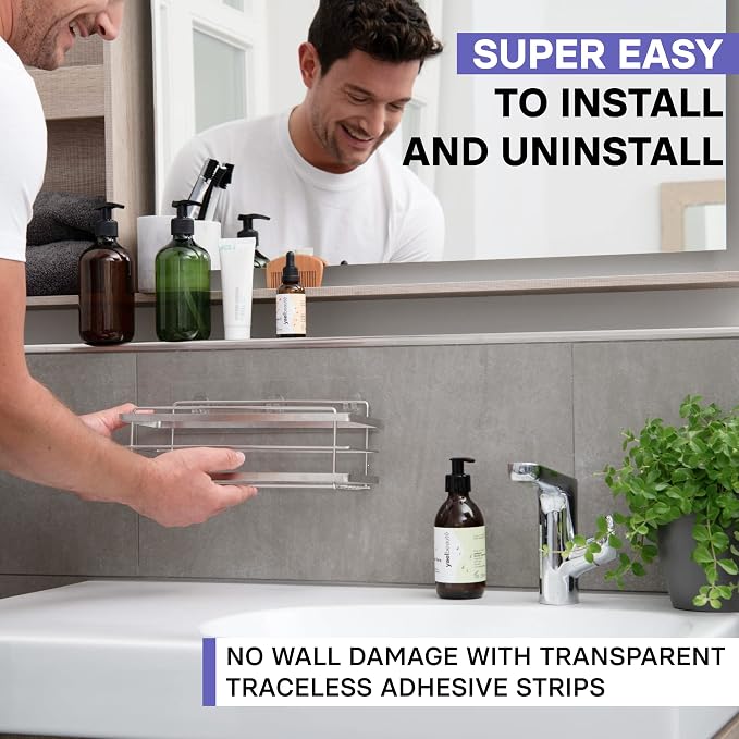 KINCMAX Shower Shelves 2-Pack - Self Adhesive Caddy with 4 Hooks - No Drill Large Capacity Stainless Steel Wall Shelf - Aesthetic Organizer for Inside Bathroom - Polished Silver - Image 3