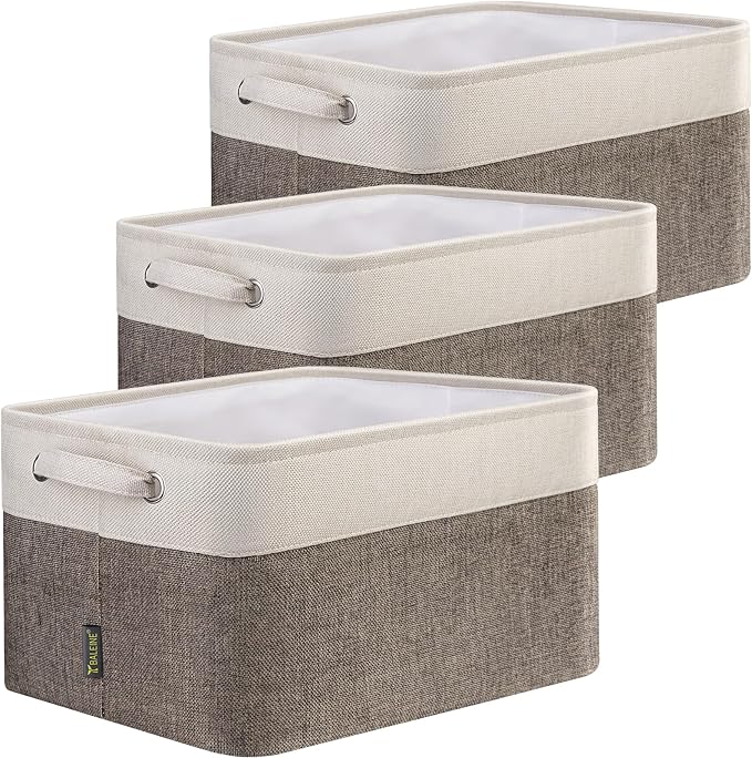 BALEINE 3 Pack Fabric Closet Storage Bins for Shelves, Linen Closet Organizers and Storage, Decorative Baskets for Organizing, Shelf, Clothes, Home, Office (Brown, 15"x11"x9.5") by BALEINE