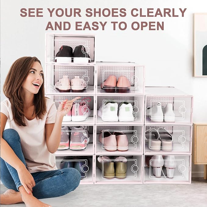 Kuject Shoe Organizers Storage Boxes for Closet, 12 Pack Clear Plastic Stackable Storage Bins with Lids, Under Bed Shoe Containers for Entryway, Drop Front, Fit up to Women's Size 10,Pink - Image 6