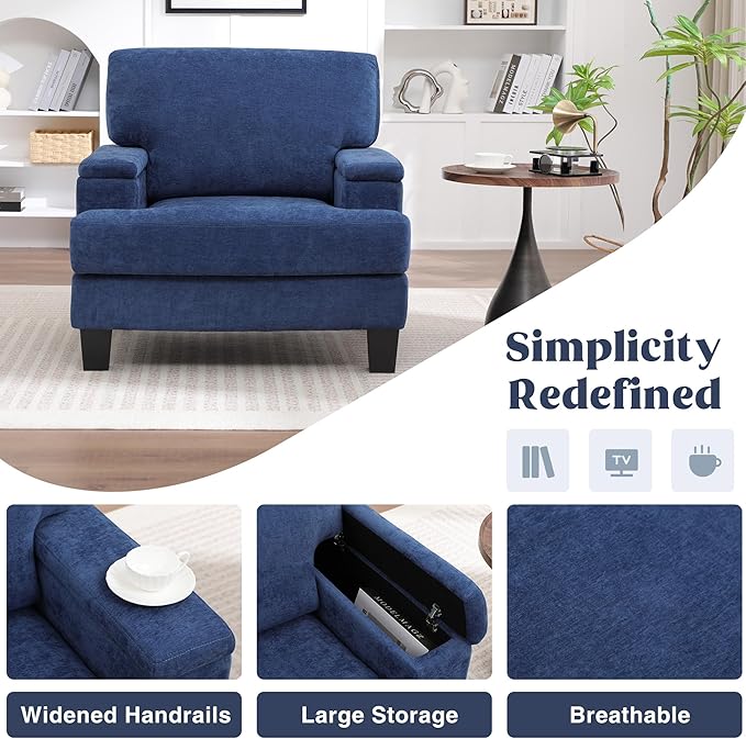 Oversized Accent Chair with Storage Armrest, Modern Upholstered Reading Living Room Chairs, Comfy Large Armchair, Fabric Single Sofa Chair for Bedroom (Navy Blue)