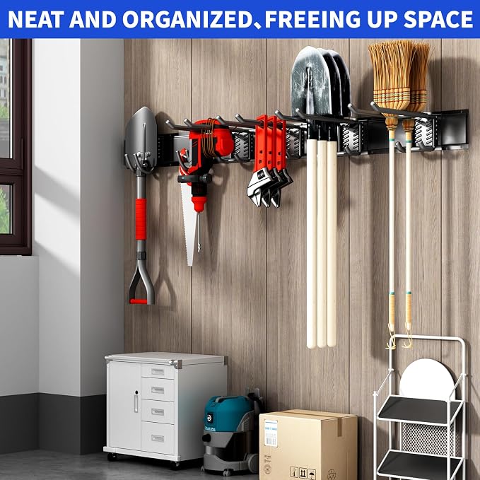 Garage Wall Organizer Wall Mount, 48inch Heavy Duty Garden Tool organizer Storage System, Easy Install With 6 Adjustable Hooks, For Garage, Basement, Shed, Workshop(Black) - Image 5