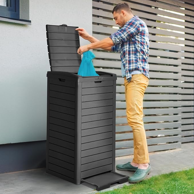 DWVO 38 Gallon Large Outdoor Trash Can, Waterproof Resin Hideaway Garbage Bin with Lid and Drip Tray, Outside Trash Bin for Porch, Backyard, Deck, Patio, Poolside, Easy to Clean, Black - Image 2