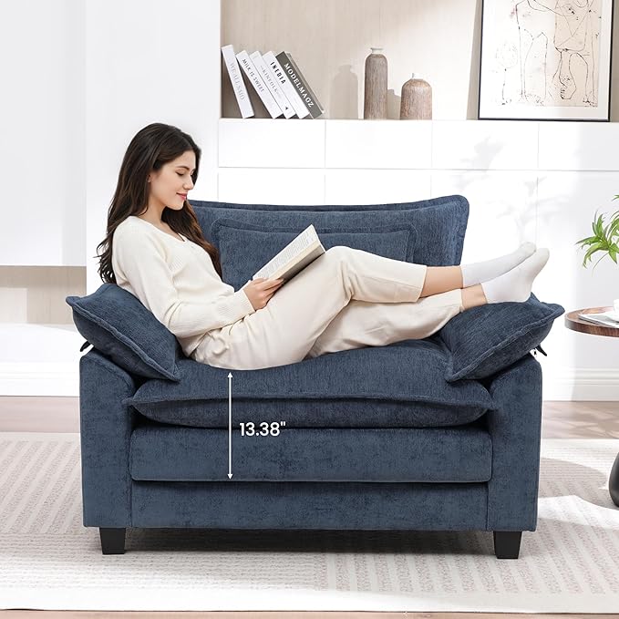 Modern Oversized Accent Chair,Chenille Cloud Sofa Chair with Deep Seat,Upholstered Armchair with Extra Thick,Comfy Reading Chairs for Living Room Bedroom Apartment Blue