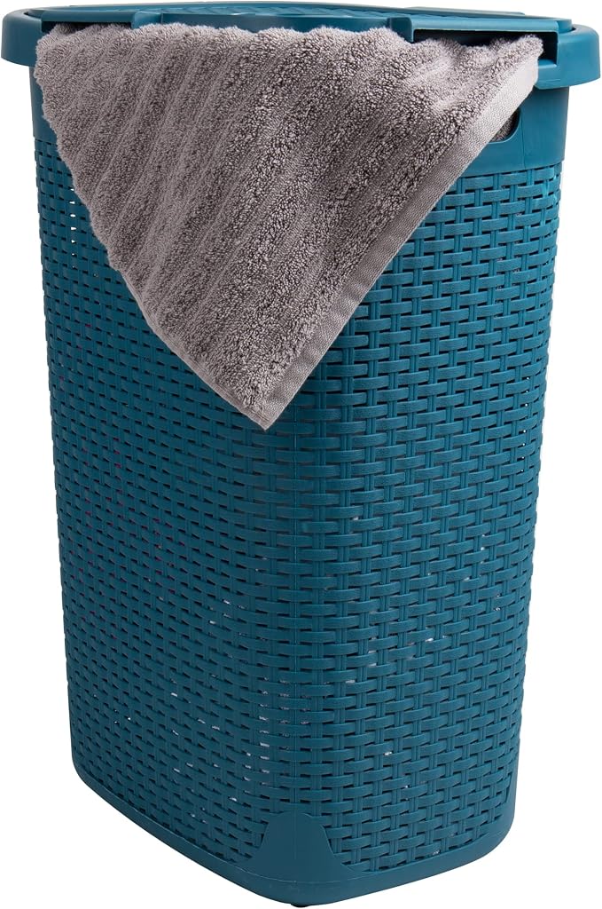 Mind Reader Slim Laundry Hamper with Lid, 60L Tall Clothes Basket, Narrow Tapered Design for Bathrooms, Closets and Laundry Rooms, Plastic, Blue by MindReader