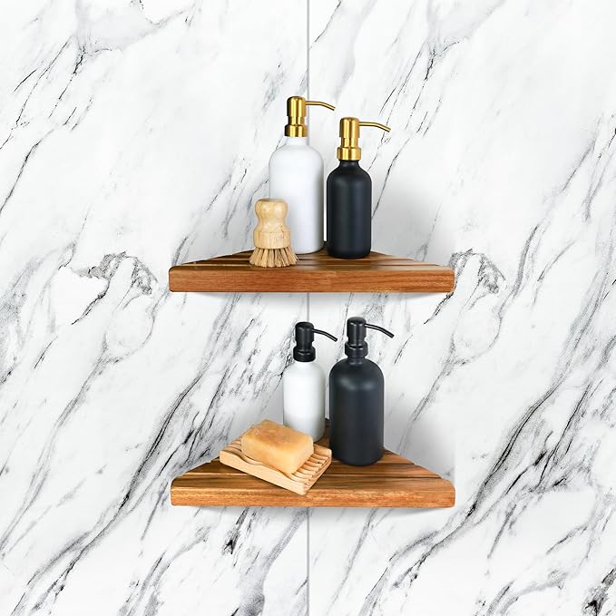 ENKEZI Acacia 2,3 Tiers Corner Shower Shelf, Triangular Corner Shelf Wooden Bathroom Shelf for Tiled Wall, Shower Corner Shelf, No Drilling Requied (2) by ENKEZIProducts