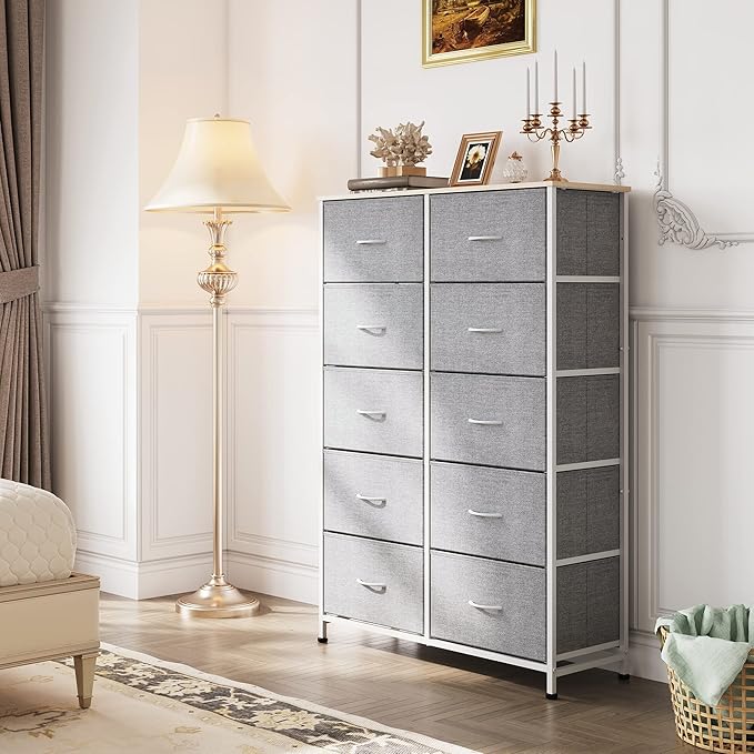 WLIVE Tall Dresser for Bedroom with 10 Drawers, Chest of Drawers, Dressers Bedroom Furniture, Grey Dresser with Fabric Bins for Closet, Hallway, Living Room, Entryway, Light Grey