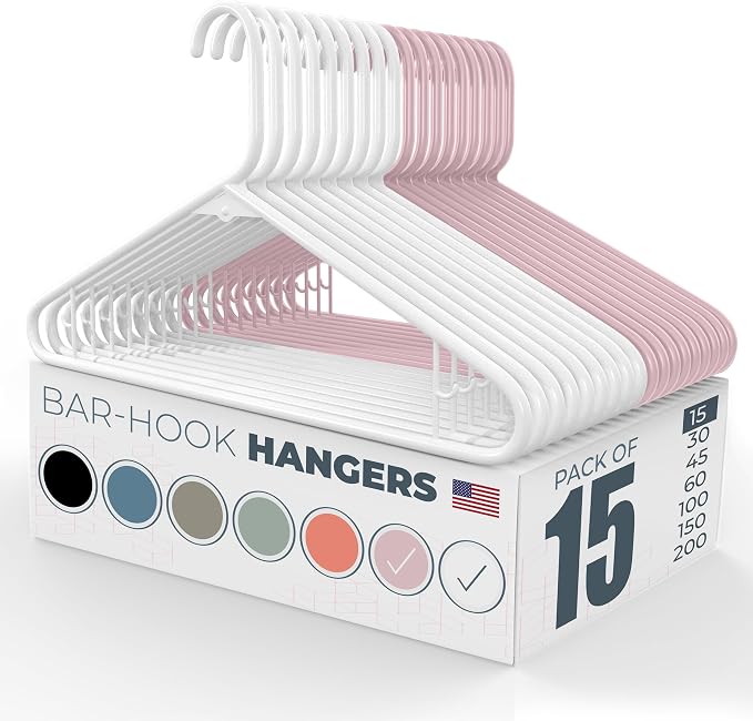 Neaties Plastic Hangers 15 Pack - Made in the USA - 6lb Capacity Standard Clothes Hangers with Strap Hooks for Dresses, Lingerie, Shirts, Pants, and Jackets - White & Pink by NeatiesHangers