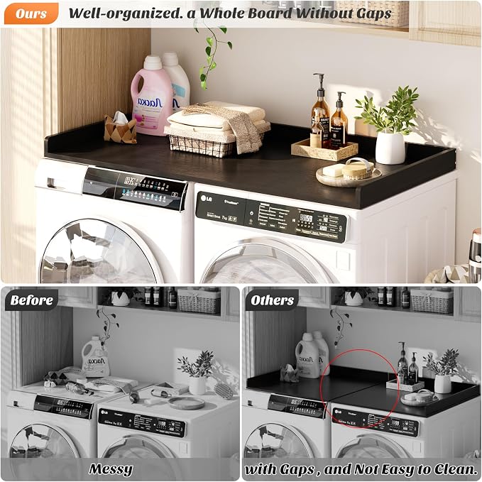 Aheaplus Washer and Dryer Countertop, Laundry Room Organization with Non-Slip Pads, Wood Shelf Topper with Round Corner Edge Rails, Folding Organizer for Laundry, 54" W x 27.5" D, Black - Image 2
