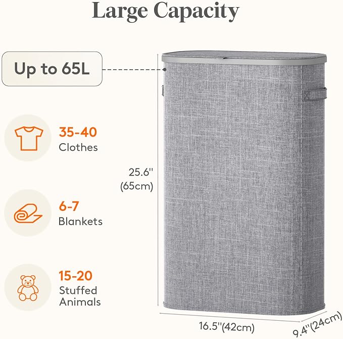 Lifewit Slim Laundry Basket with Lid, Narrow Large Laundry Hamper with Plastic Handles and Removable Bag, Tall Foldable Dirty Clothes Hampers for Laundry Room, Bedroom, Bathroom, Dorm, 65L Gray - Image 3