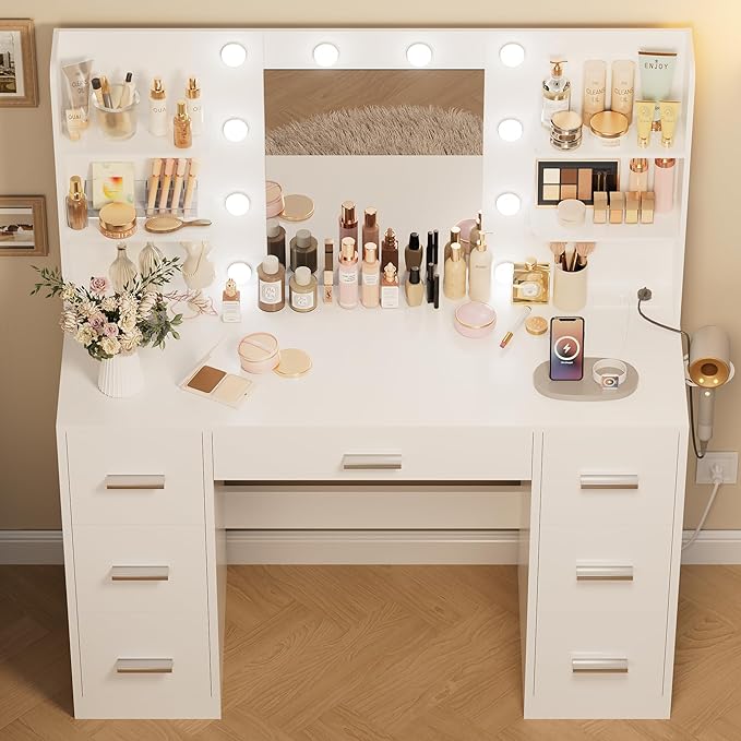 Makeup Vanity Desk with Mirror and 10 Lights, Table with 7 Drawers and 4 Open Shelves, 3 Color Modes and Adjustable Brightness, Charging Station for Bedroom, Bright White