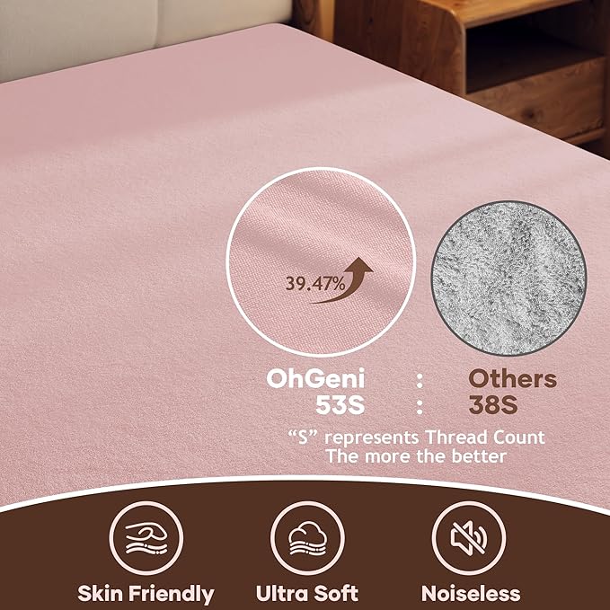 OhGeni 100% Waterproof Mattress Protector, Queen Size Pink, Fitted Sheet with Deep Pockets, 6''-18'', Premium Noiseless Breathable Soft Material, Mattresses Cover for Bed