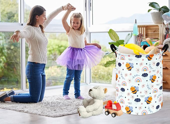 MAIZMZ Rainbow Bee Print Canvas Laundry Basket,Waterproof Storage Bin with Handles 15.7" D×19.7" H Foldable Toy Organizer Decor Gift Basket for Kids' Bedroom & Home Organization - Image 2