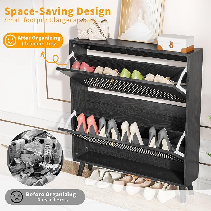 Fsbecl Shoe Storage Cabinet for Entryway with 2 Flip Drawers, Narrow Wood Shoe Cabinet with Fluted Panel, Freestanding Hidden Shoe Organizer for Foyer, Hallway (Black - No Shelf) - Image 9