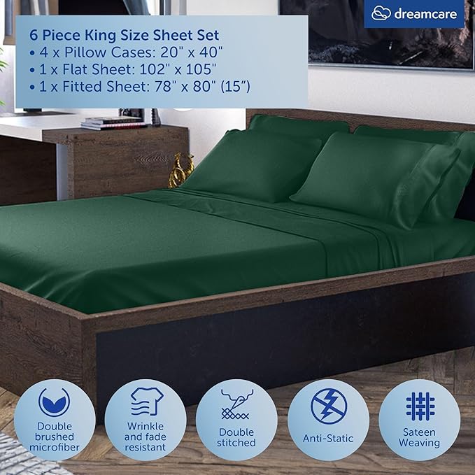 DREAMCARE King Size Sheets Set - 6 pcs Breathable Cooling Bed Sheets - up to 15" Deep Pocket King Sheet Set with Side Pockets - Extra Soft 100% Brushed Hypoallergenic Hotel Luxury Bedding - E Green