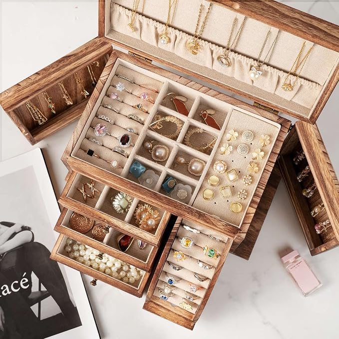 Poyilooo Jewelry Box Organizer, Solid Wood Jewelry Boxes for Women for Storage & Display Necklace Ring Earring Bracelet, Rustic Style Jewelry Organizer Box for Women Gifts (Carbonized Brown) - Image 3