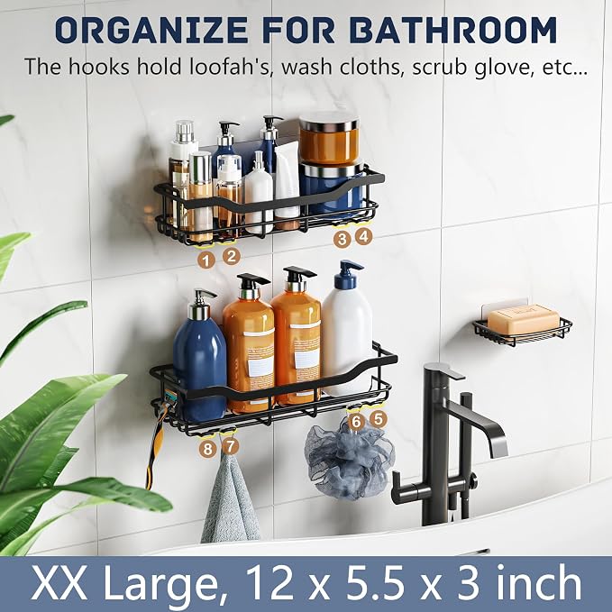 OMAIRA 3-Pack Shower Caddy with Soap Holder, Adhesive Rustproof No-drill Strudy Loading Inside Shower Organizer Shelves Rack Storage Bathroom Organization for Smooth Wall Glass Tile, Black (X-Large) - Image 6